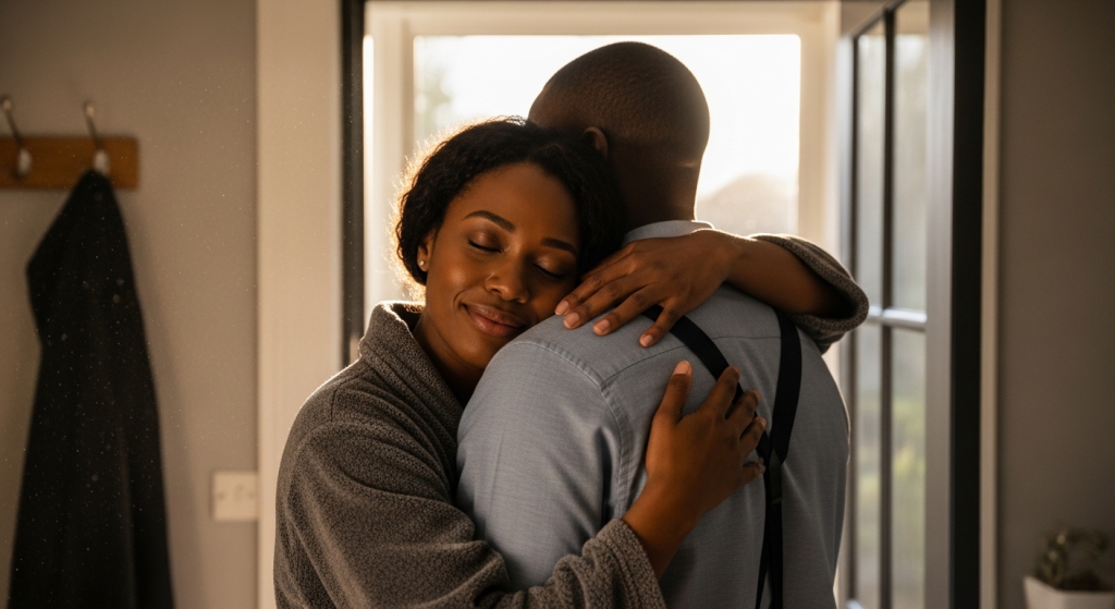 Black wife hugging her husband at the doorway before he leaves while saying a prayer for her husband’s protection