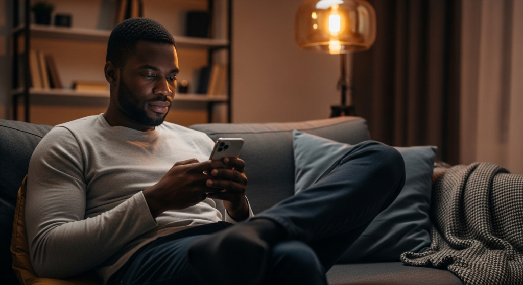 A man sitting at home typing a long appreciation message for birthday wishes on his phone.