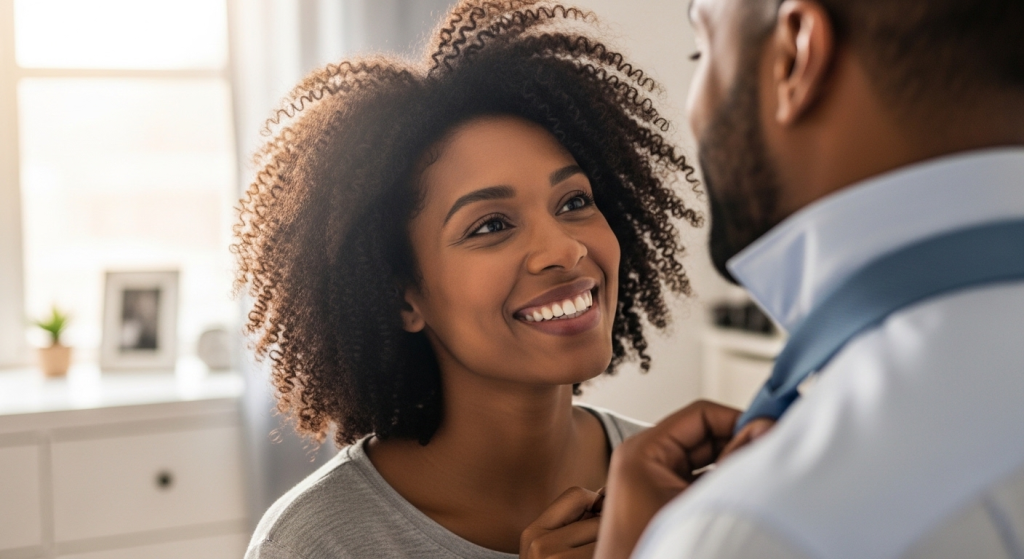 Black man preparing for work while his wife smiles beside him, saying a prayer for her husband’s success