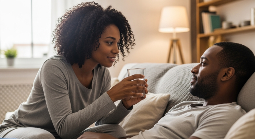 Black wife caring for her husband at home and offering him water while saying a prayer for her husband’s health