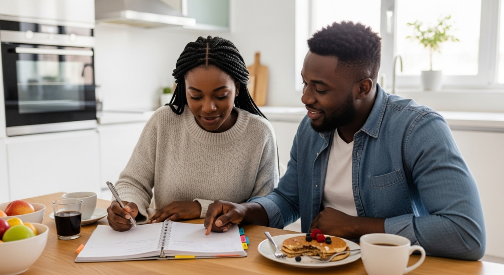 Black couple sitting together at breakfast table with planner for the new month.