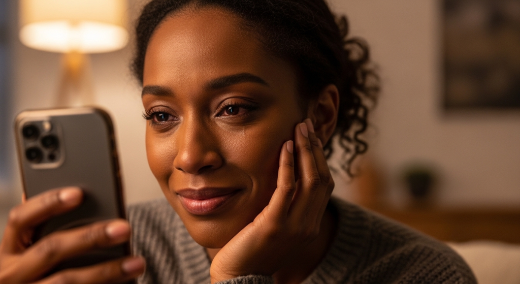 A woman holding her phone with an emotional smile after reading a heart-touching appreciation message for birthday wishes.
