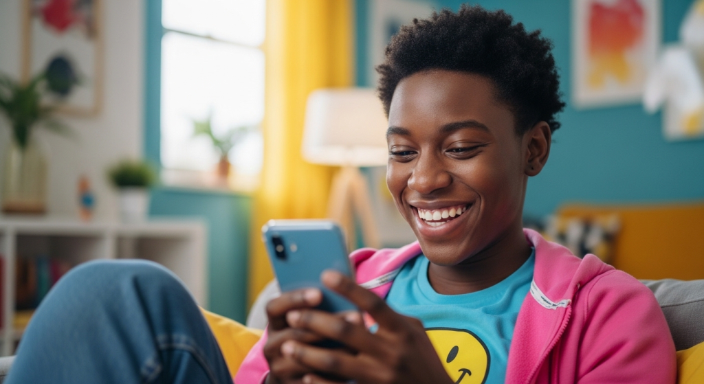 Young person smiling while scrolling on their phone and typing an appreciation message for birthday wishes on social media.