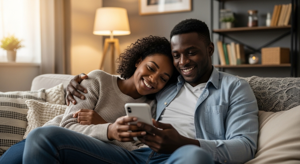 A couple sharing a warm moment while reading a romantic appreciation message for birthday wishes from my love.