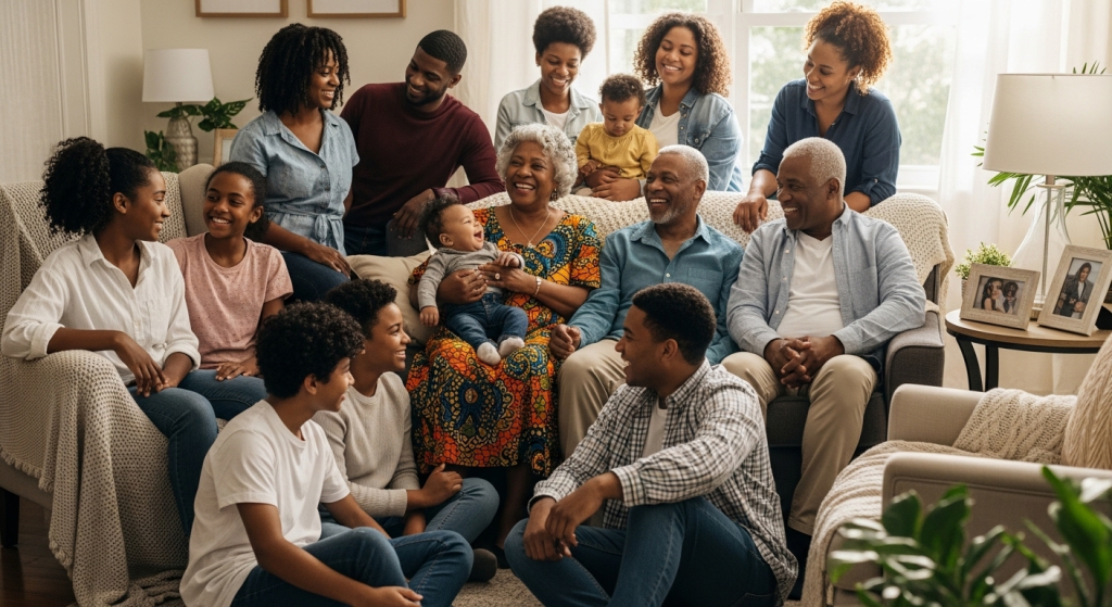 Black family gathered together smiling while reading an appreciation message for birthday wishes from my family.