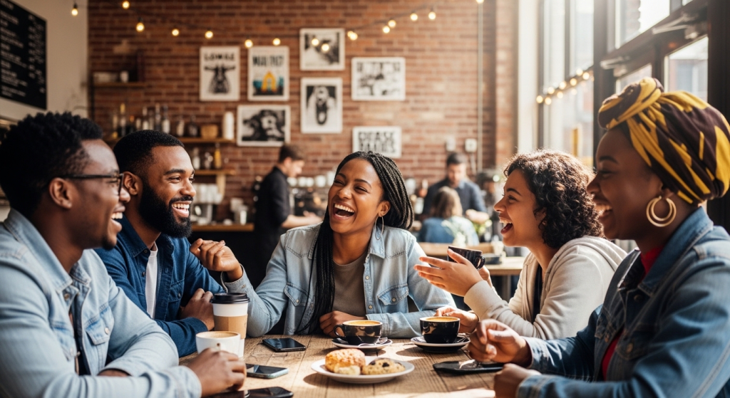 Group of Black friends laughing together while using a phone, showing an appreciation message for birthday wishes.
