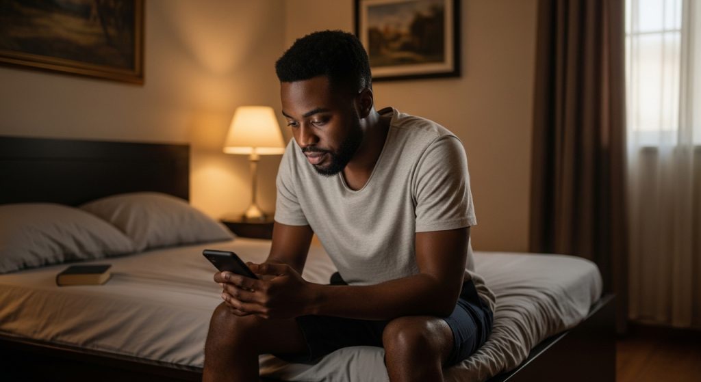 A Nigerian man reading good morning message for him on his phone