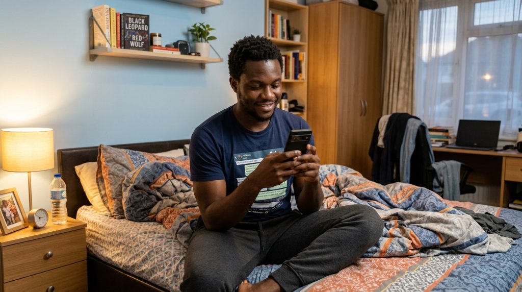A young Nigerian man reading good morning message for him on his phone