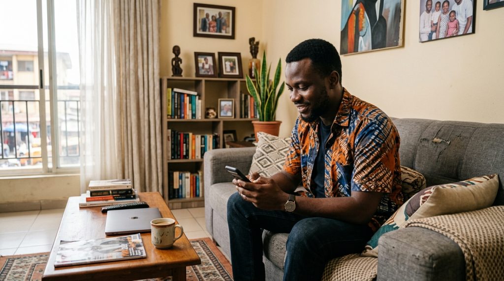 A middle aged Nigerian man reading good morning message for him on his phone