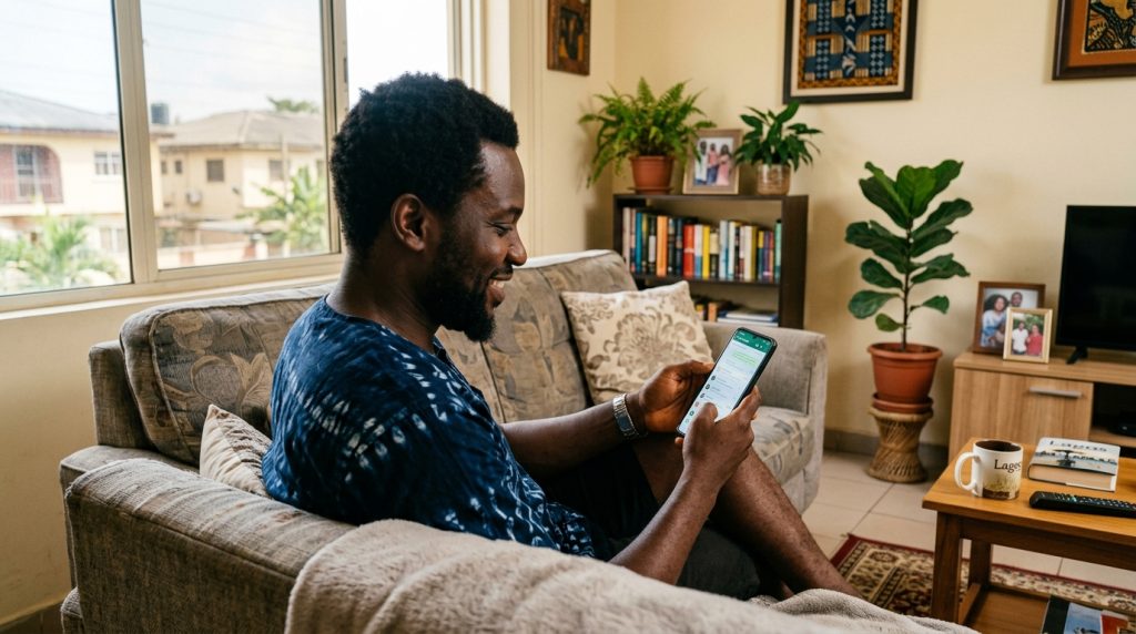 A middle aged Nigerian man reading funny good morning message for him on his phone