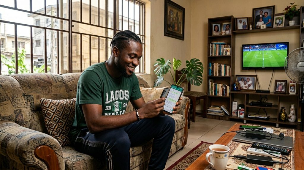 A middle aged Nigerian man reading good morning message for him on his phone