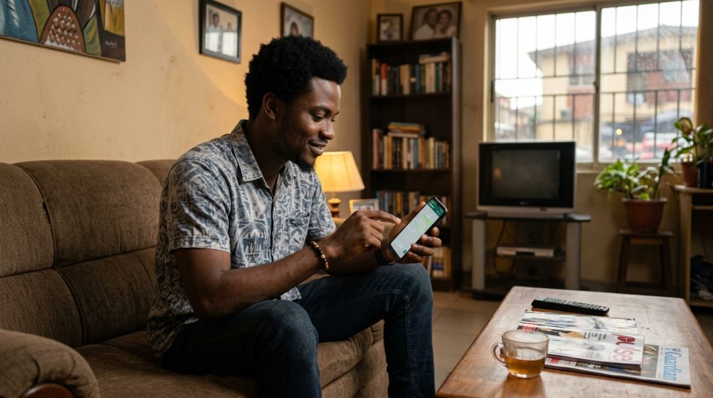 A young Nigerian man reading heart-touching good morning message for him on his phone