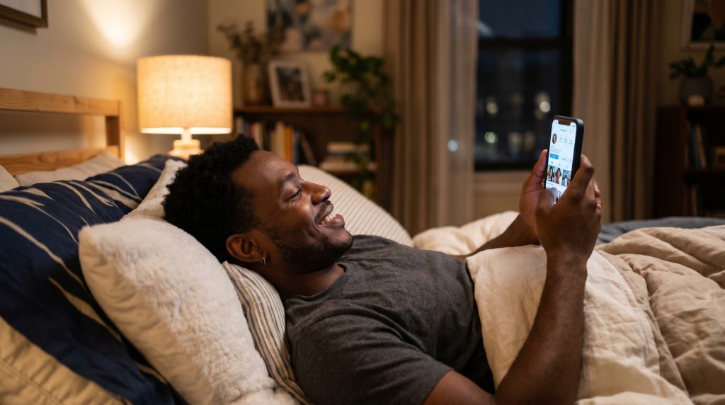 Man smiling while reading a good night message to make him fall in love