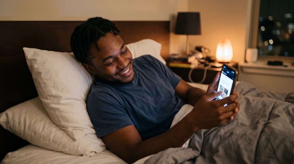 Man blushing while reading a sweet good night message for him