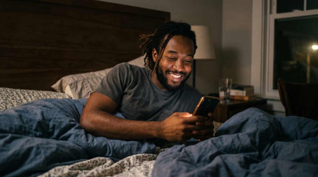 Man smiling while reading a long good night message for him