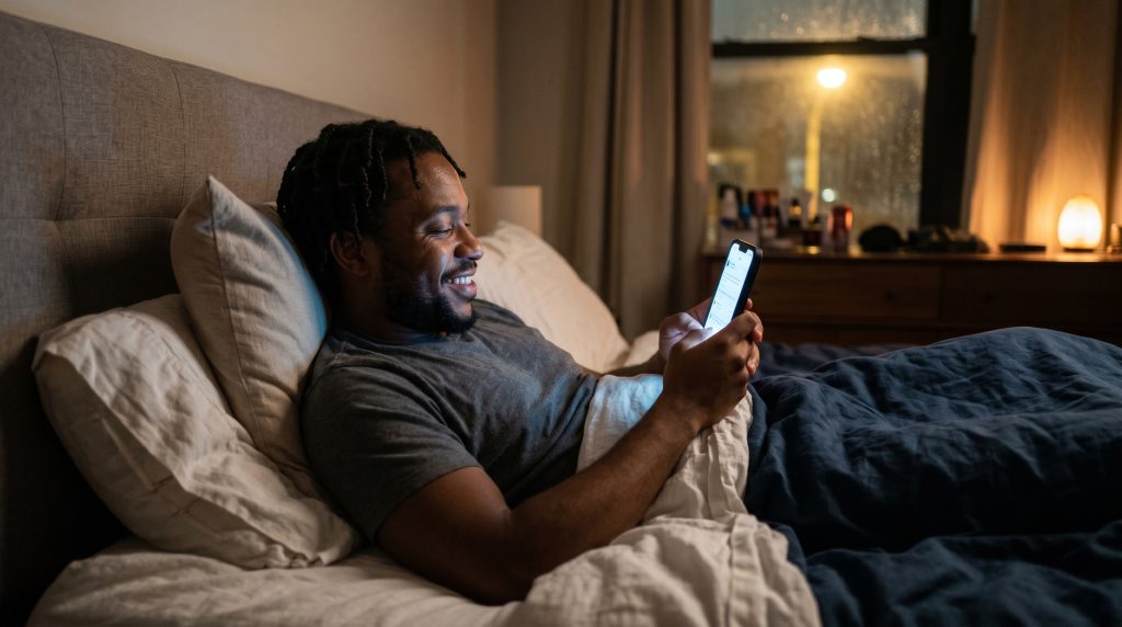 Man smiling while reading a good night prayer for him