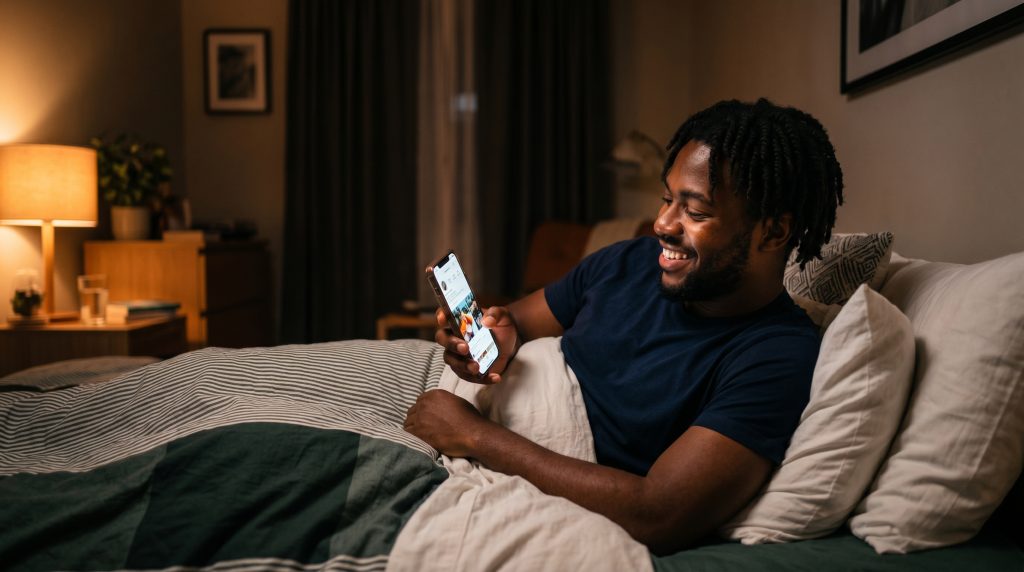 Man laughing while reading a funny good night message for him