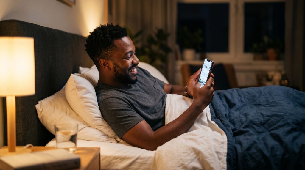 Man smiling while reading a romantic good night message for him