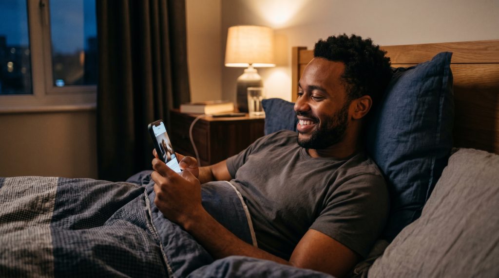 Man smiling while reading a heart-touching good night love message for him