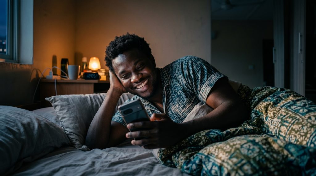 Man reading a good night message for him