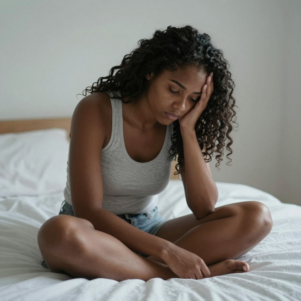 Woman sitting on bed dejectedly