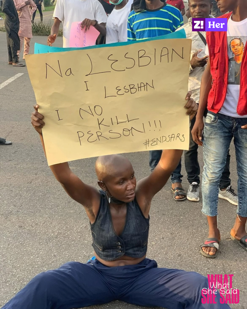 Amara the Lesbian protesting EndSARS