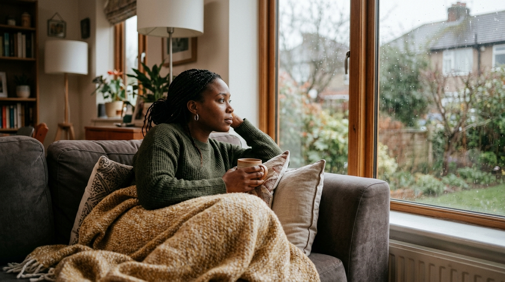 A woman sitting and looking out of her window