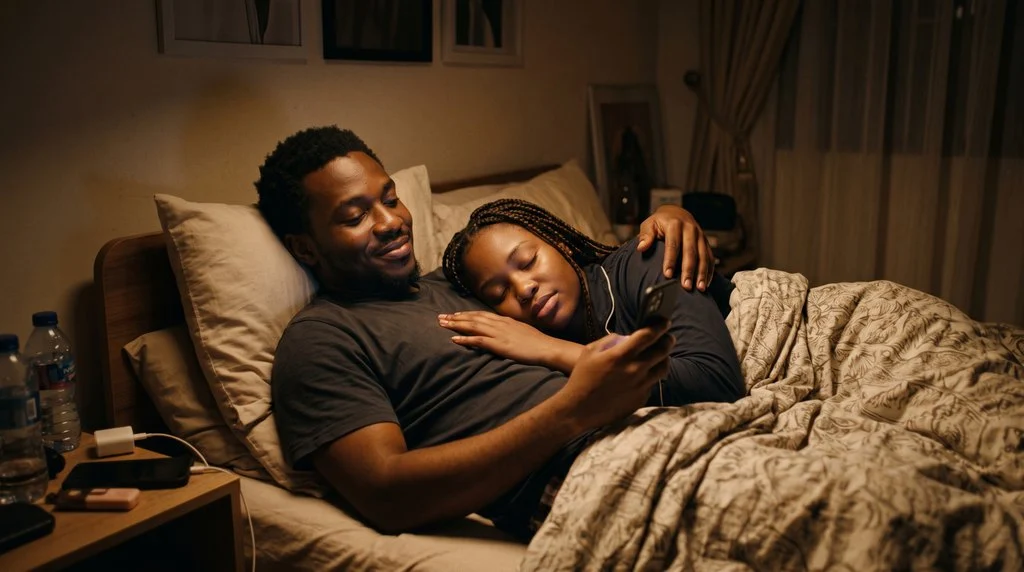 male partner in bed smiling at his phone while his other partner sleeps soundl beside him